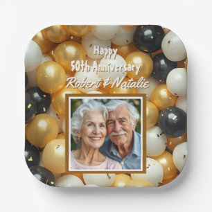 Schwarz-Gold-Ballons Personalisierter Jahrestag Pappteller