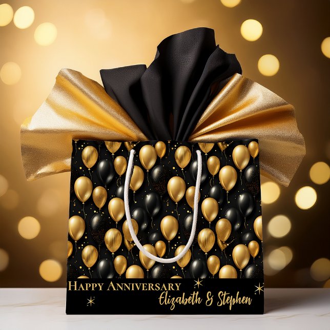 Schwarz | Gold Balloons glücklicher Jahrestag Große Geschenktüte (Elegant Black and Gold Faux Glitter Balloons Pattern A022 "Happy Anniversary" [Names] Large Gift Bag)