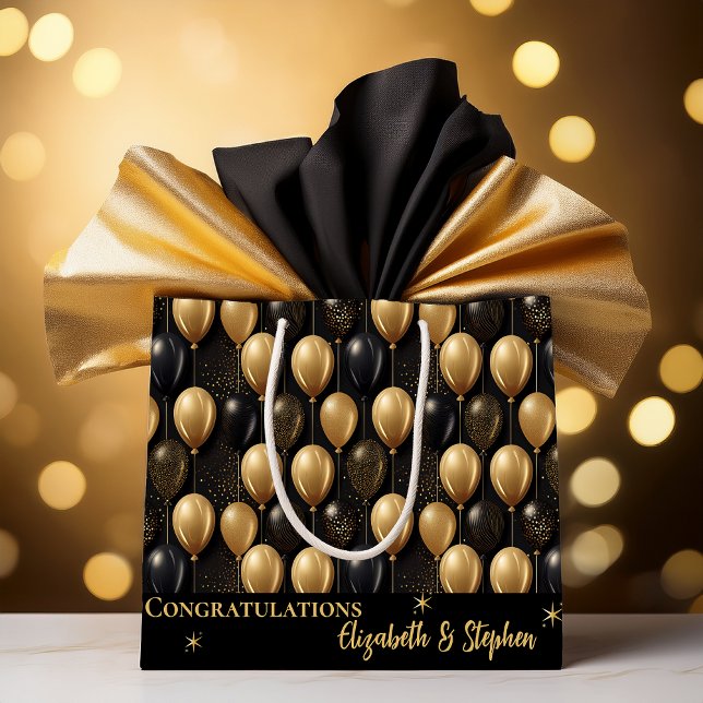 Schwarz | Gold Balloons Glückwünsche Namen Große Geschenktüte (Elegant Black and Gold Faux Glitter Balloons Pattern A023 "Congratulations" [Name(s)] Large Gift Bag)
