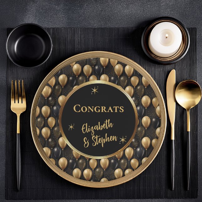 Schwarz | Gold Balloons Glückwünsche Namen Pappteller (Elegant Black and Gold Faux Glitter Balloons Pattern A023 "Congrats" [Name(s)] Paper Plates)