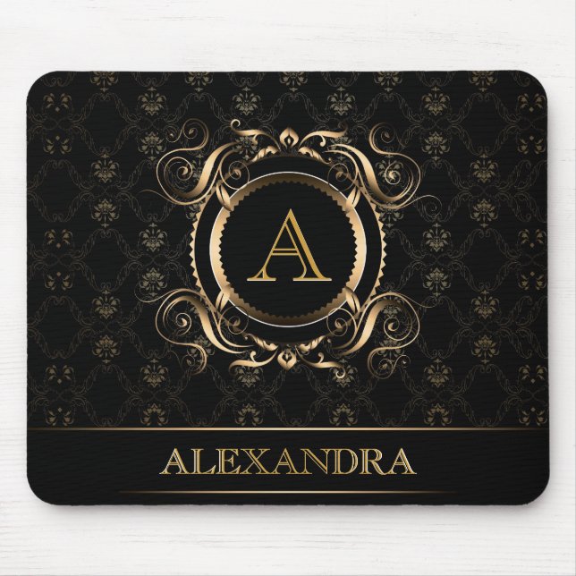 Schwarz-Gold-Barock-Rahmen-Design-Monogramm Mousepad (Vorne)