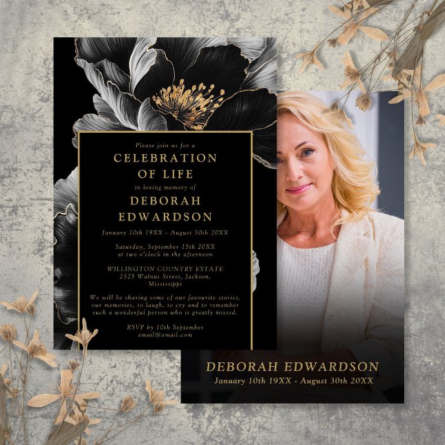 Schwarz-Gold-Blumen-Feier zum Foto des Lebens Einladung (Black And Gold Floral Celebration Of Life Photo Invitation)