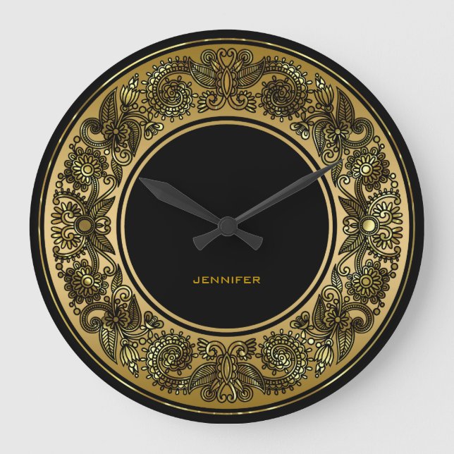 Schwarz-Gold-Blumendesign Große Wanduhr (Vorderseite)