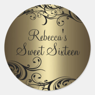 Schwarz/Gold Blumenwirl Sweet 16 Aufkleber