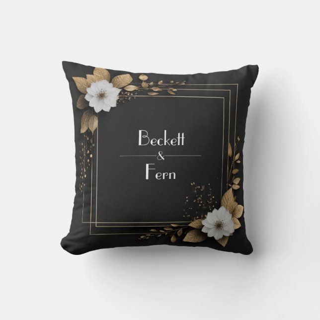 Schwarz-Gold-Blütenblüte mit weißer Blume Hochzeit Kissen (Vorderseite)