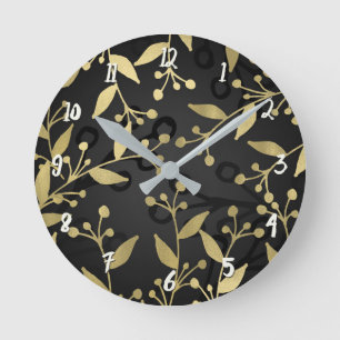 Schwarz & Gold Botanisch Modern Rustikale Zweige Runde Wanduhr