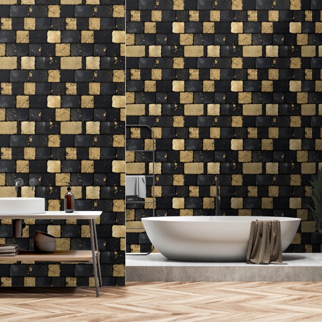 Schwarz-Gold-Brick-Muster Tapete (Badezimmer)
