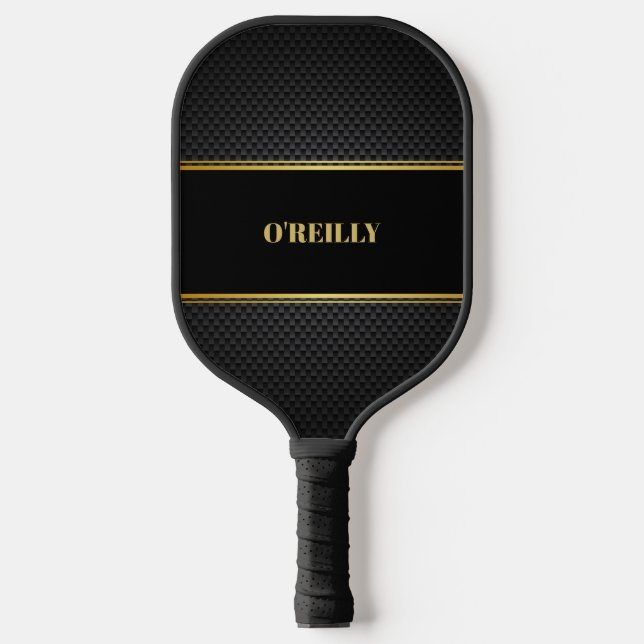 Schwarz-Gold-Carbon-Muster Modernes Monogramm Pickleball Schläger (Vorderseite)