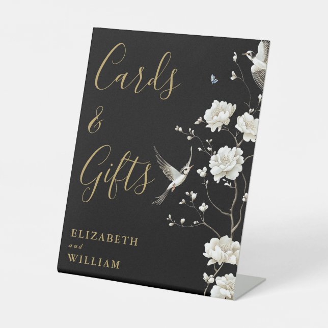 Schwarz-Gold Chinoiserie Blumenkarten und Geschenk Sockelschild (Vorderseite)