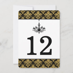 Schwarz, Gold Damask, Kronleuchter-Tischnummer Einladung