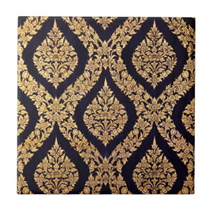 Schwarz-Gold-Damask Traditionelle Zeitschrift Fliese