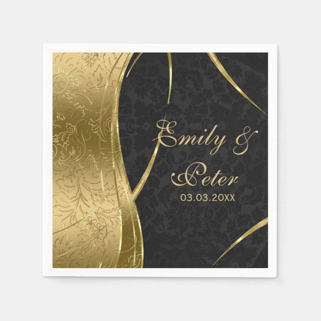 Schwarz-Gold-Damast-Save the Date Serviette (Vorderseite)