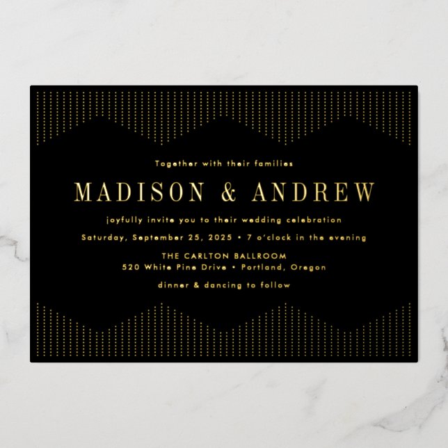 Schwarz-Gold-Deko-Hochzeit Folieneinladung (Vorderseite)