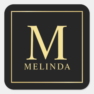 Schwarz-Gold-Elegant-Monogramm Quadratischer Aufkleber