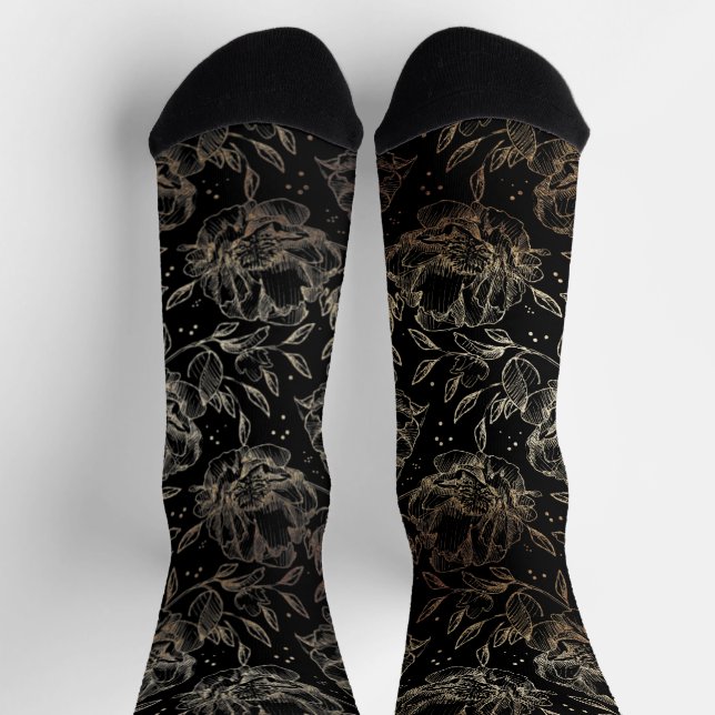 Schwarz & Gold Elegante handgezeichnete Florals Ho Socken (Oben)