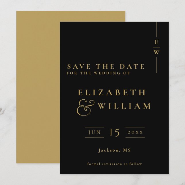 Schwarz-Gold-elegante Monogram-Hochzeit Save The Date (Vorne/Hinten)