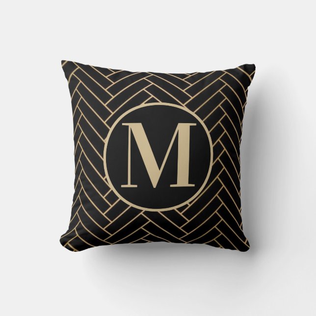 Schwarz-Gold-elegante Monogram-Kissen Kissen (Vorderseite)