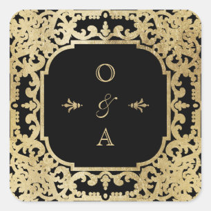 Schwarz & Gold elegante Vintage Hochzeit Monogramm Quadratischer Aufkleber
