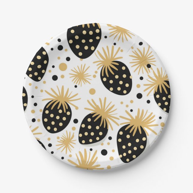 Schwarz-Gold-Erdbeermuster Pappteller (Vorderseite)