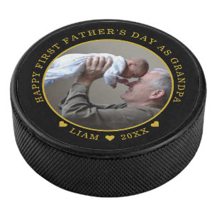 Schwarz-Gold-Erster Vatertag als Großvater-Foto Eishockey Puck