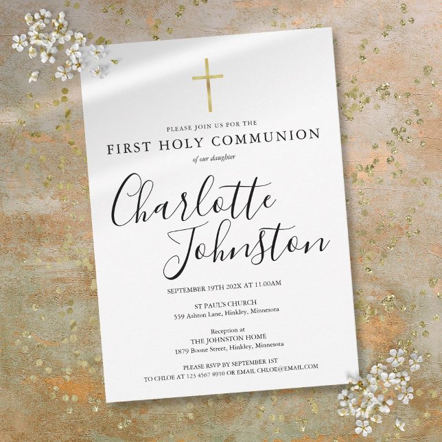 Schwarz-Gold-Erstkommunion Einladung (Black And Gold First Holy Communion Invitation)