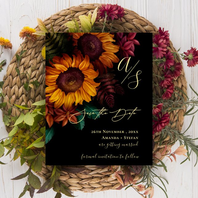 Schwarz-Gold-Fall-Blütenhochzeit Sichern Sie das D (Black & Gold Fall Floral Wedding Save the Date)