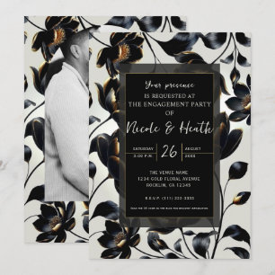 Schwarz & Gold Floral Beige Verlobung Einladung