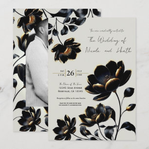 Schwarz & Gold Floral Greige Hochzeit Einladung
