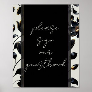 Schwarz & Gold Florales Beiges Hochzeits-Gästebuch Poster