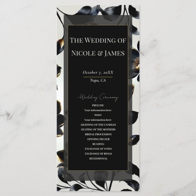 Schwarz & Gold Florales Greige Hochzeitsprogramm Programm (Vorderseite)