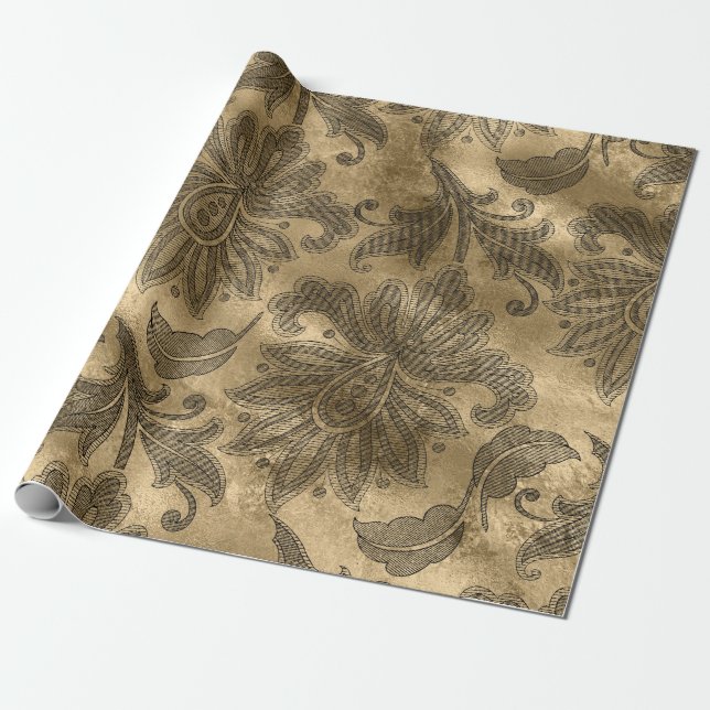Schwarz-Gold-Fohlen-Damask Geschenkpapier (Ungerollt)