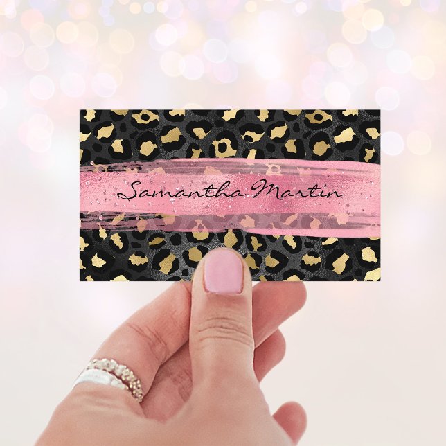 Schwarz-Gold-Fohlen Leopard Rosa Pinselstriche Visitenkarte (Black and Gold Foil Leopard Pink Brush Stroke Business Card)