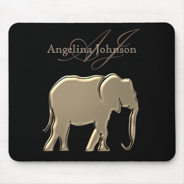 Schwarz-Gold-Foil-Elefant Modernes Monogramm Mousepad (Vorne)