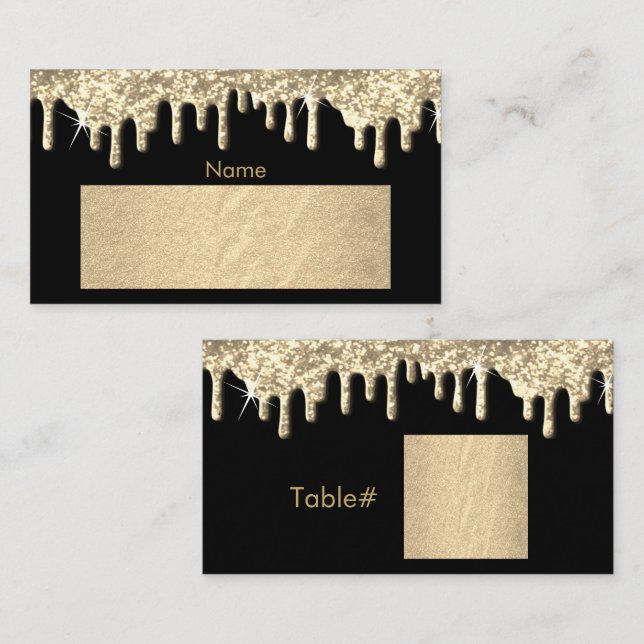 Schwarz-Gold-Folie mit Gold-Tropfen-Design Platzkarte (Vorne/Hinten)