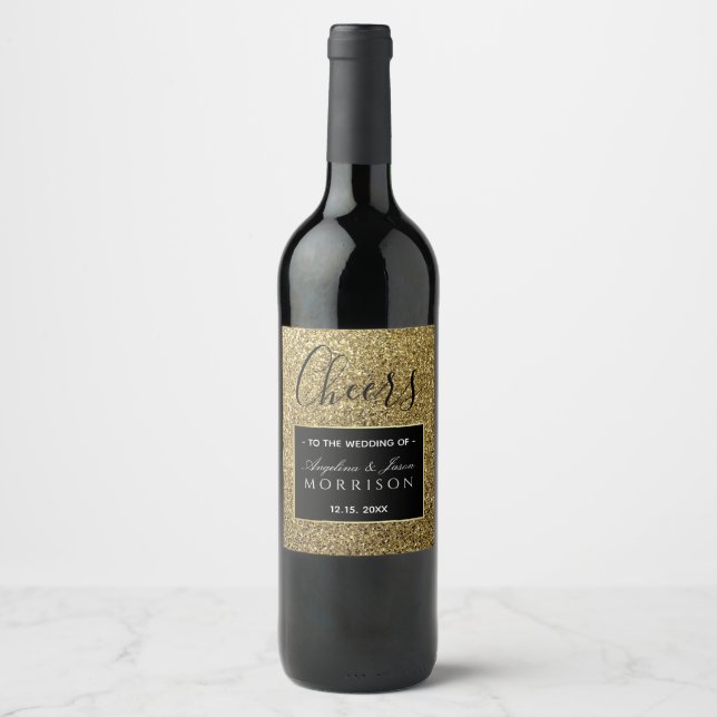Schwarz-Gold-Gastgeschenk Hochzeit Weinetikett (Vorderseite)