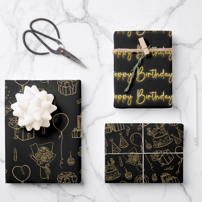 Schwarz/Gold Geburtstagsmuster Geschenkpapier Set (Vorderseite)