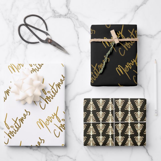 Schwarz-Gold-Glitzer Frohe Weihnachtstypografie Geschenkpapier Set (Vorderseite)