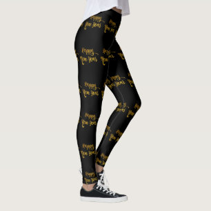 Schwarz-Gold-Glitzer-Happy New Year Leggings