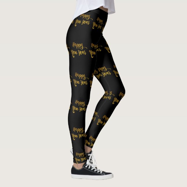 Schwarz-Gold-Glitzer-Happy New Year Leggings (Rechts)