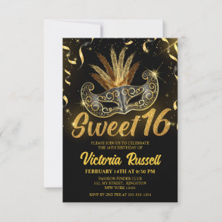 Schwarz-Gold Glitzer Masquerade Maske Sweet 16 Einladung