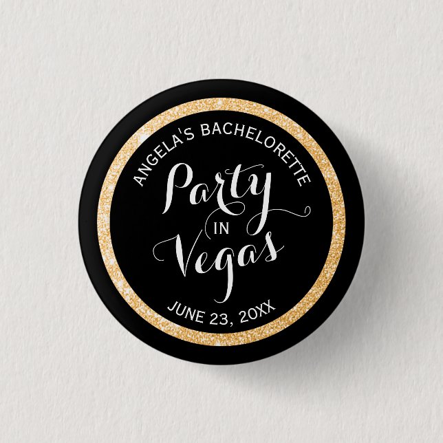 Schwarz-Gold-Glitzer-Party in Vegas Custom Button (Vorderseite)