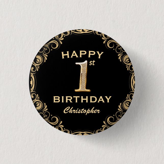 Schwarz-Gold-Glitzer-Rahmen für das 1. Party Button (Vorderseite)