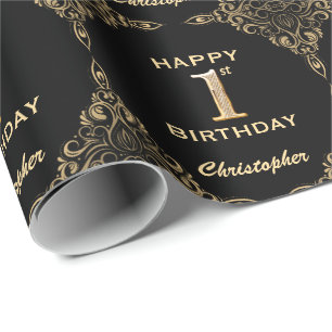 Schwarz-Gold-Glitzer-Rahmen zum 1. Geburtstag Geschenkpapier