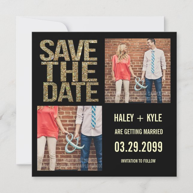 Schwarz & Gold Glitzer Save the Date Foto-Karten Einladung (Vorderseite)