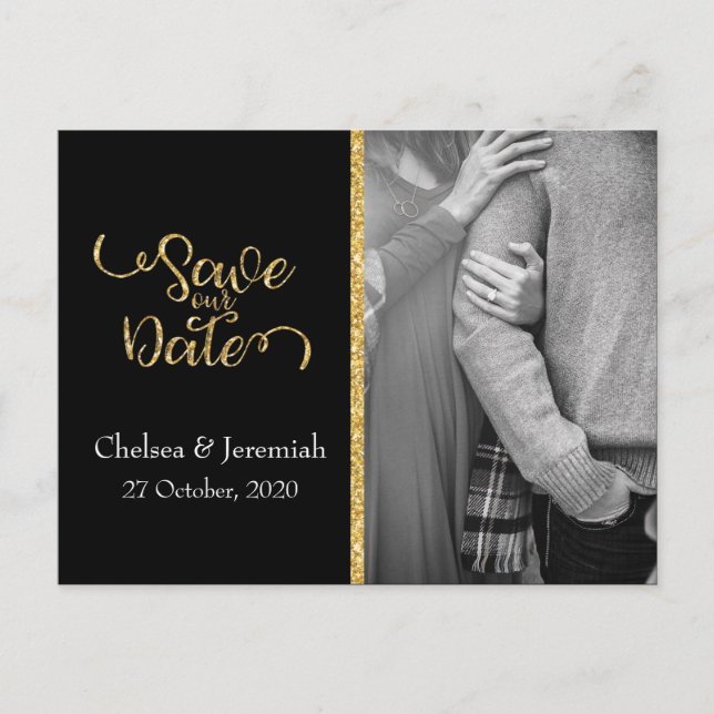 Schwarz-Gold-Glitzer Save the Date Postkarte (Vorderseite)