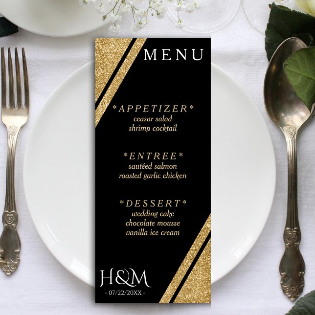 Schwarz/Gold Glitzer Stripe Hochzeitsempfang Menükarte (Black & Gold Glitter Stripe Wedding Reception Menu)