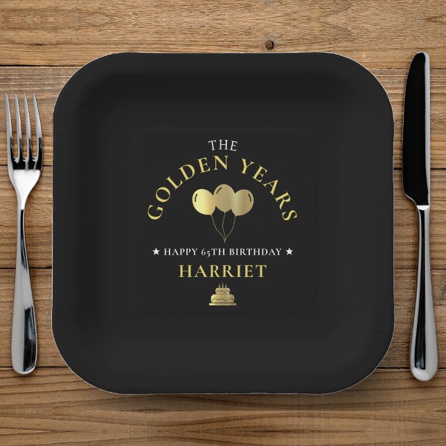 Schwarz & Gold Golden Years 65. Geburtstag Pappteller (Black & Gold Golden Years 65th Birthday Paper Plates)