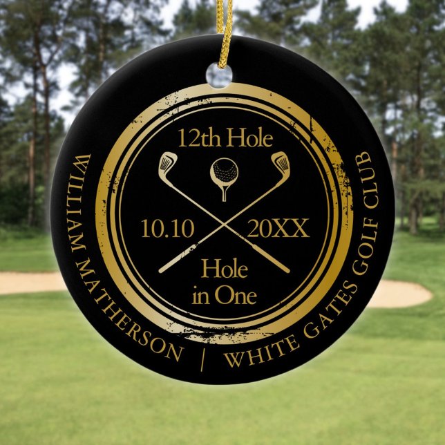 Schwarz-Gold-Golf-Hole in einem Retro-Personalisie Keramik Ornament (Black And Gold Golf Hole In One Retro Personalized Ceramic Ornament)