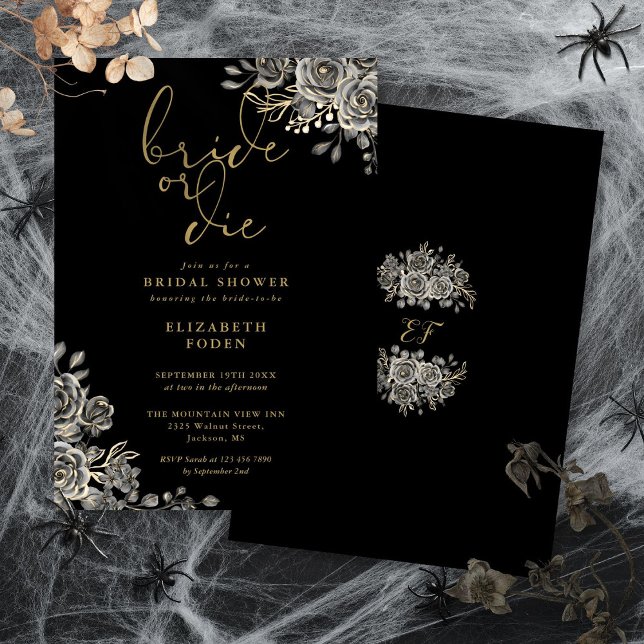 Schwarz-Gold-Gothic-Brautparty überbrückt oder Die Einladung (Bride Or Die Black And Gold Gothic Bridal Shower Invitation)