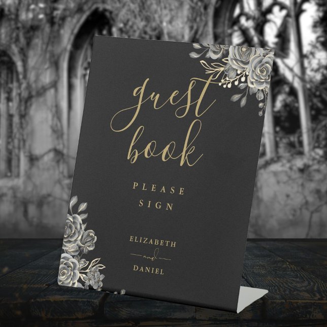 Schwarz-Gold-Gothic-Rose - BlumenGästebuch Sockelschild (Black And Gold Gothic Roses Floral Guest Book Pedestal Sign)